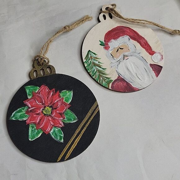 Set of 2 Handpainted Santa & Poinsettia Ornaments - Picture 2 of 3